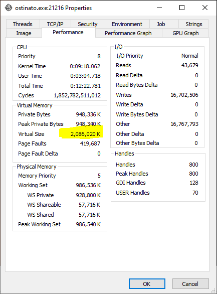 Ostinato crashes when Virtual Size reaches 2GB